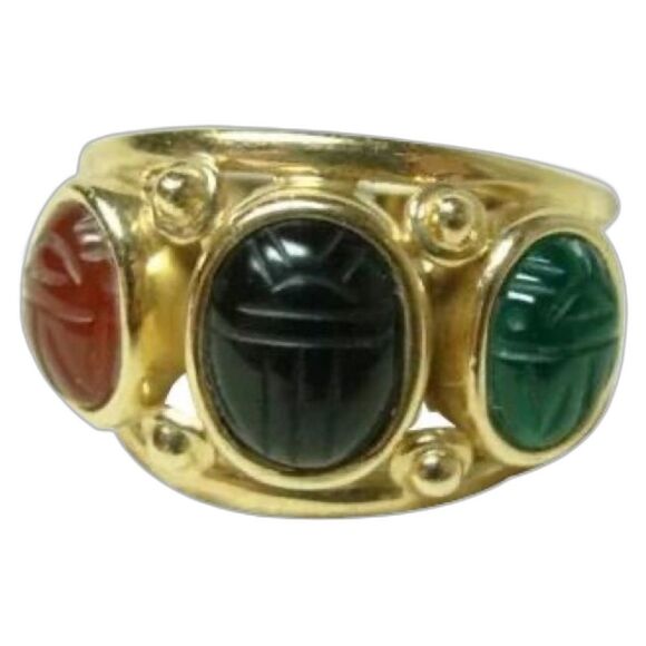 14k solid yellow Gold 3-stone Scarab Ring size 8.5 black red green vintage ring - Picture 1 of 11